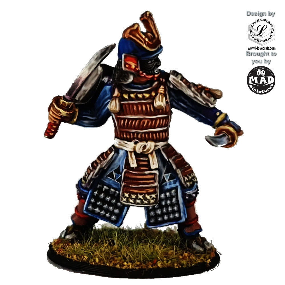 Painted 32 mm samurai miniature wielding two swords in nitoryu style – Nippon Saga by Mad Miniatures.