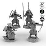 Four unpainted samurai miniatures in dynamic poses, featuring archer, spearman, swordsman, and warrior – 32 mm Nippon Saga models by Mad Miniatures.