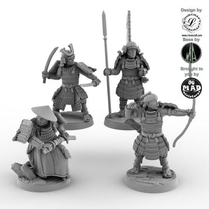 Four unpainted samurai miniatures in dynamic poses, featuring archer, spearman, swordsman, and warrior – 32 mm Nippon Saga models by Mad Miniatures.