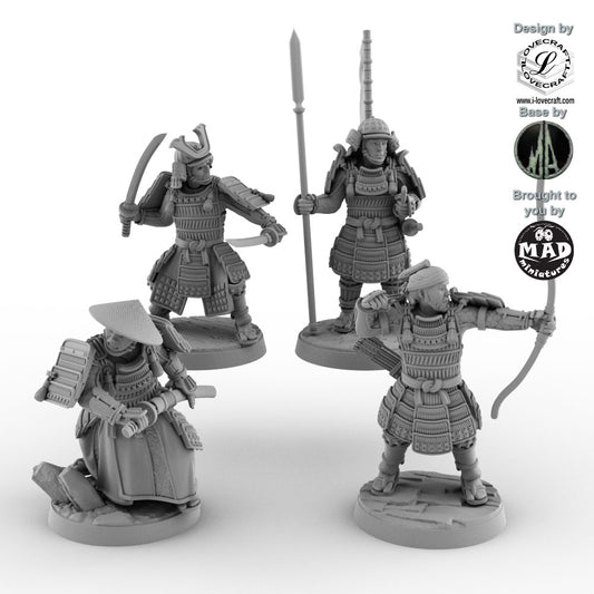 Four unpainted samurai miniatures in dynamic poses, featuring archer, spearman, swordsman, and warrior – 32 mm Nippon Saga models by Mad Miniatures.