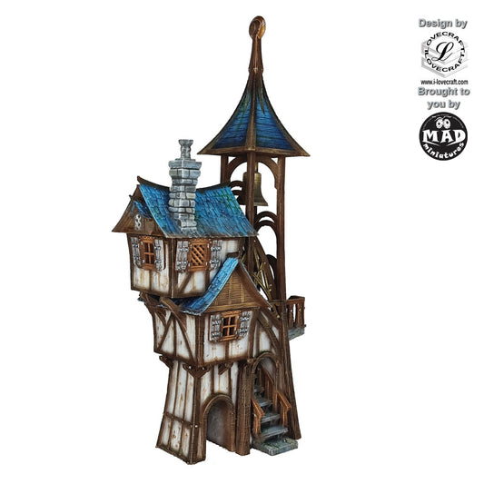 The Frost Parson’s Lodge terrain with tower and detailed stairs by Iain Lovecraft, produced by Mad Miniatures