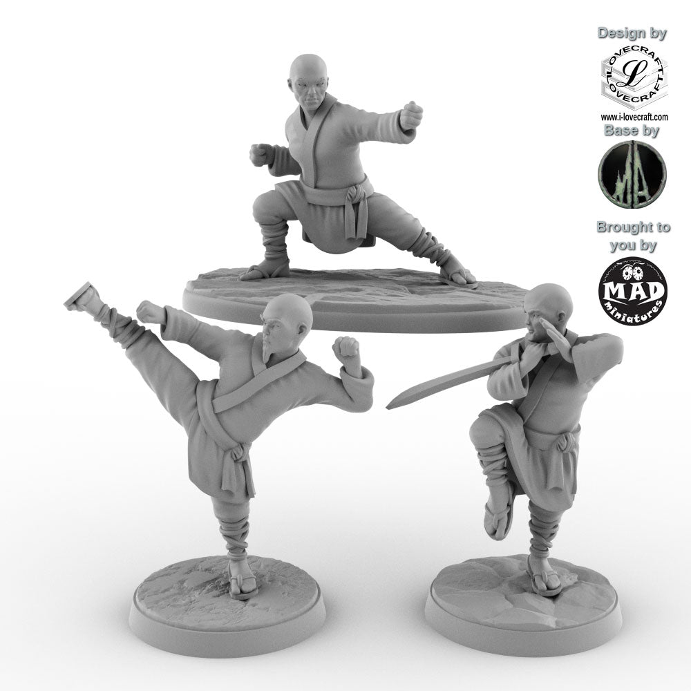 The Three Fists of the Shaolin Way – 3 Shaolin monks miniatures by Iain Lovecraft, brought to you by Mad Miniatures.