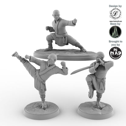 The Three Fists of the Shaolin Way – 3 Shaolin monks miniatures by Iain Lovecraft, brought to you by Mad Miniatures.