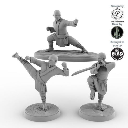 The Three Fists of the Shaolin Way – 3 Shaolin monks miniatures by Iain Lovecraft, brought to you by Mad Miniatures.