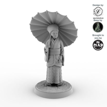 32 mm miniature of a Japanese woman holding a parasol – elegant Nippon Saga figure by Mad Miniatures.