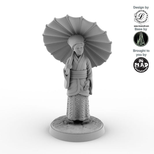 32 mm miniature of a Japanese woman holding a parasol – elegant Nippon Saga figure by Mad Miniatures.