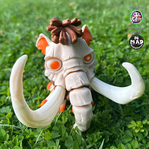 Mammoth standing proudly on grass, showing off its big tusks, distinctive orange ears, and wide-eyed, hypnotic gaze, capturing its quirky personality.