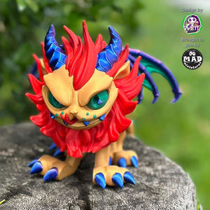 Manticore on a tree trunk, staring intensely with glowing green eyes, her fiery mane and majestic wings visible in this captivating pose