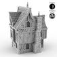 Back view render of the Merchant's House terrain piece, featuring a three-story medieval design with detailed textures and openable sections