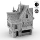 Front view render of the Merchant's House terrain piece, showcasing its three-story medieval design with intricate architectural details