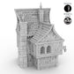 Left side render of the Merchant's House terrain piece, showcasing intricate medieval architectural details and a three-story layout