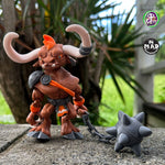 Articulated Minotaur figure with a morning star on a chain, inspired by Greek mythology. Designed by Twisty Prints and made by Mad Miniatures.