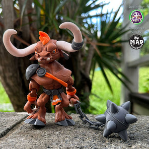 Articulated Minotaur figure with a morning star on a chain, inspired by Greek mythology. Designed by Twisty Prints and made by Mad Miniatures.