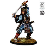Highly detailed 32 mm Onna-Bugeisha miniature wielding a katana, designed by Iain Lovecraft, painted in blue samurai armour.