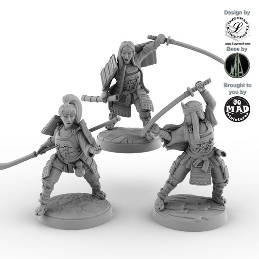 Set of three detailed 32 mm Onna-Bugeisha miniatures, female samurai warriors wielding naginata, katana, and nodachi by Iain Lovecraft.