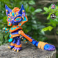 Pharaoh Cat from the side, showcasing her massive tail, shimmering coat, and vibrant golden, orange, and turquoise Egyptian attire.