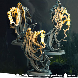 Three Shrieking Hags miniatures from Mad Miniatures, designed by Monolith. Ghostly figures twisted by dark magic, each holding a lantern for tabletop games.