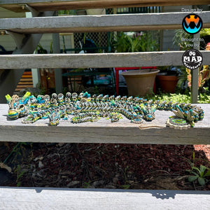 Four articulated steampunk dragons climbing a set of stairs, showcasing intricate mechanical details