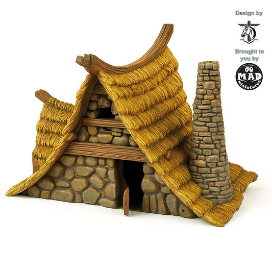 Stone Hut – detailed stone cottage with thatched roof and chimney for tabletop gaming